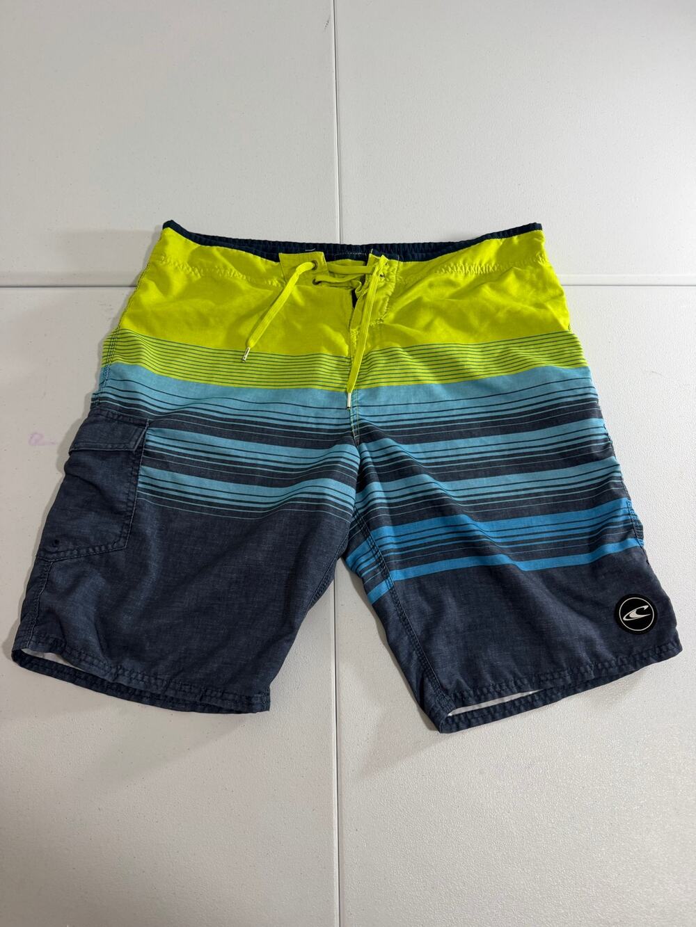 Oneill Mens Board Shorts Size 36 Yellow Blue Striped Swim Trunks Cargo Pocket
